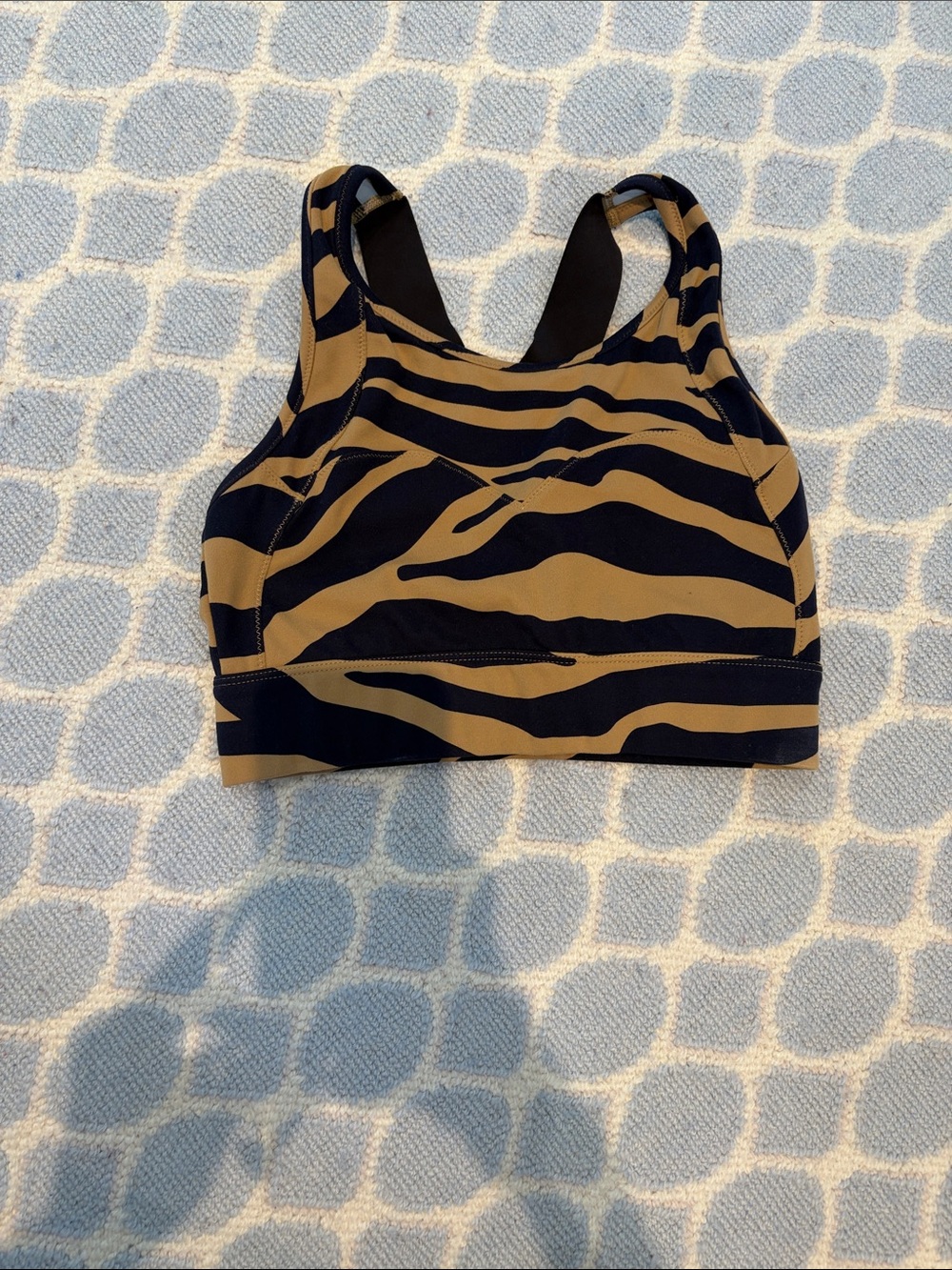 Varley Zebra-Stripe Racerback Sports Bra in Black and Tan